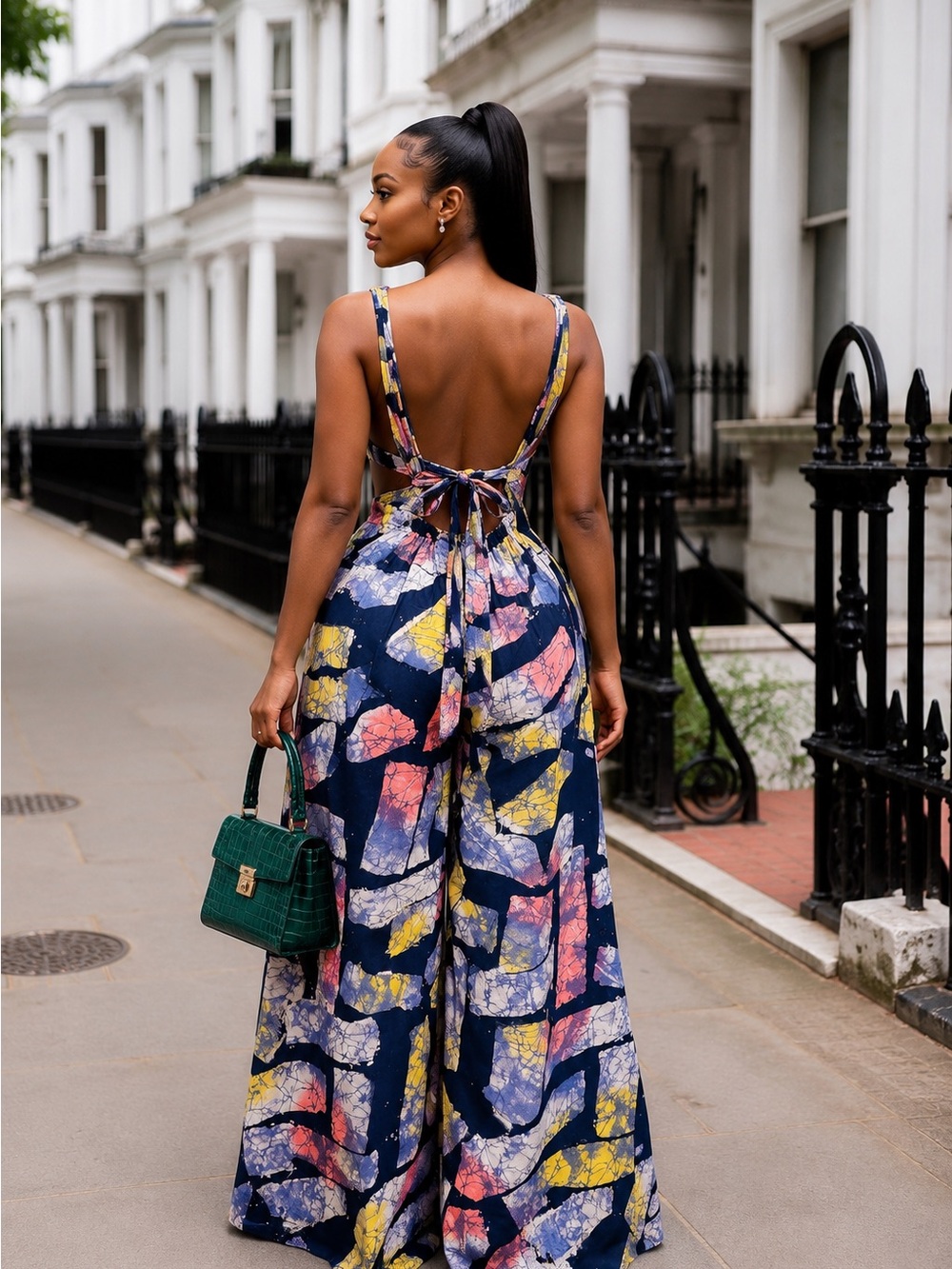 Halter-Neck Wide-Leg Jumpsuit in Rust Multi Print - Picture 1 of 15